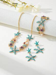 1pc Short Beach Style Enamel Starfish, Coral, Rhinestone, Sea Shell & Faux Pearl Necklace, Suitable For Women To Wear At The Beach