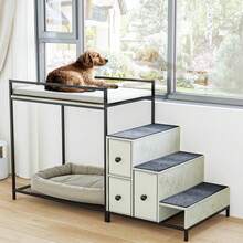 Pet Bunk Bed With Stairs And Storage, Dogs/Cats Window Perch, Bedside Lounge Elevated Dog Bed Multi-Level Platform With Foam Upholstery,Halloween Decor - Xám - Xem 1