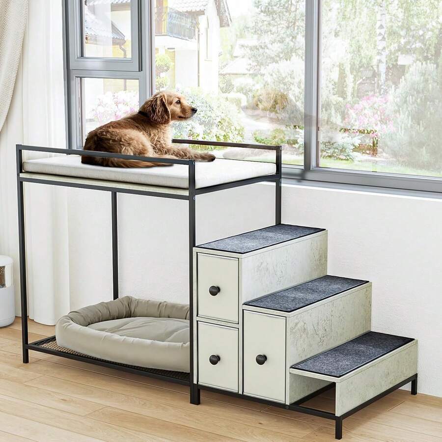 Pet Bunk Bed With Stairs And Storage, Dogs/Cats Window Perch, Bedside Lounge Elevated Dog Bed Multi-Level Platform With Foam Upholstery,Halloween Decor - Xám - Xem 1