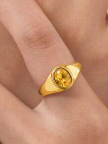 1pc Retro Stainless Steel Green, Red, Yellow, Blue, White, Black Zirconia Gold Color Rings, Vintage Style Women Jewelry, Suitable For Summer