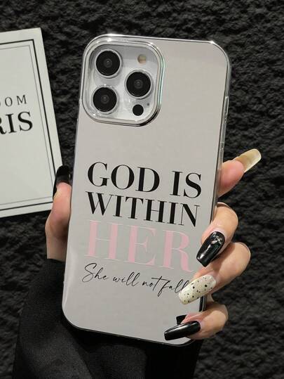 1pc God's Blessing Text 2D Print Simple Elegant Jesus God's Classic Quote Aesthetic Electroplated Mirror Makeup Phone Case With Camera Lens Frame, Minimalist Style, Suitable As Birthday, Christmas, New Year Gift For Friends, Family, Couple, Fit For Iphone16/15/14/13/12/11/Pro/ProMax