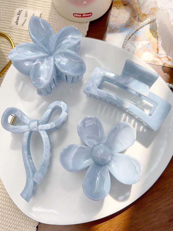 4pcs/Set Spring & Summer Bohemian Sweet Light Blue & White Mixed Marble Pattern Bow Daisy Flower Square Hair Claw, Beach Hair Accessories Claw Clips Hair Clips Hair Jaw Clip Hair Clamps Hair Clutch Hair Catcher Clip