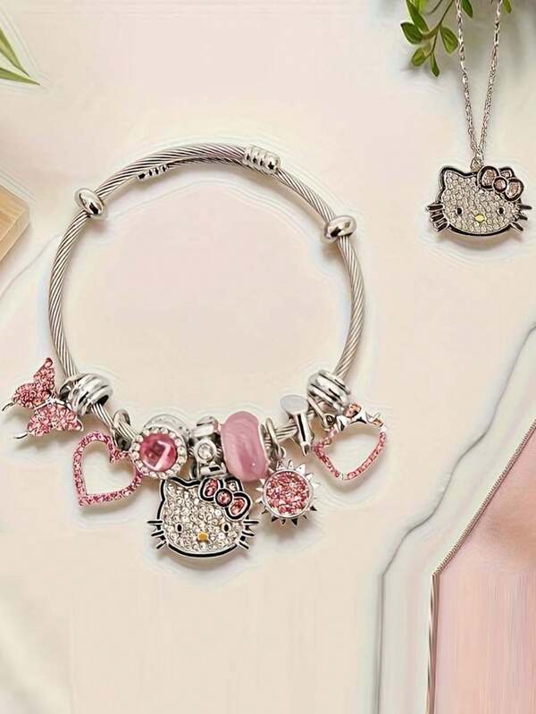 Sanrio Hello Kitty Jewelry Set (2 Pieces) Necklace+Bracelet Set - Adjustable Anime Bracelet And Rhinestone Necklace With Shiny Hollow (Cute Kawaii Cartoon Gift, Suitable For Teenagers And , Birthday Gifts, And Daily Wear Accessories)