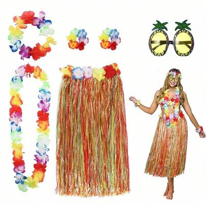 6pcs/Set 40/60cm Hawaiian Grass Skirt, With Flower Garland Necklace, Bracelet, Headband And Pineapple Fashion Glasses, Adult Hawaiian Grass Skirt, Suitable For Luau Party, Dance Performance, Tropical Beach Birthday Wedding Party Decor, Baby Shower Decor (Color Selectable)
