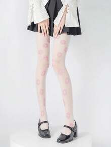 1 đôi quần tất Lolita mỏng, tối giản, màu trắng với họa tiết hoa hồng ánh kim và hồng nhạt, có thể cắt ngắn tùy ý. - Nhiều màu - Xem 3