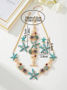 1pc Short Beach Style Enamel Starfish, Coral, Rhinestone, Sea Shell & Faux Pearl Necklace, Suitable For Women To Wear At The Beach