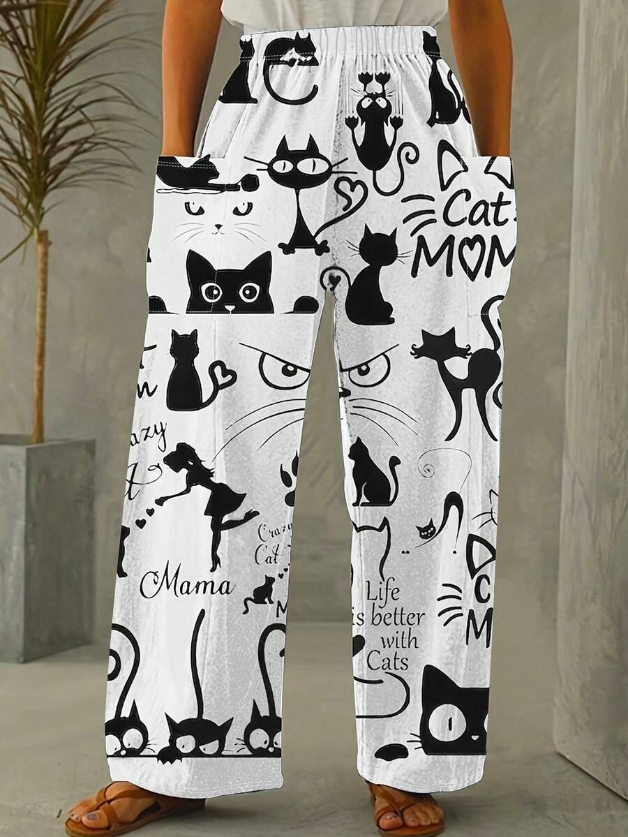秋冬季时尚休闲度假风优雅女士多功能修身户外、居家、旅行、工作裤 - 1条猫咪印花贴袋裤，弹性腰带阔腿设计，透气轻盈，适合所有季节。