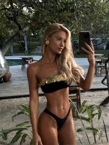 Set bikini tip bandeau sexy pentru femei, cu decor metalic, nou-venit, potrivit pentru plajă, vacanță, petrecere, întâlnire, primăvară/vară, negru - Negru - Vizualizare 2