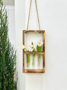 Various Styles Wall-Mounted Test Tube Hydroponics Plant Vase Wooden Hanging Rope Flower Rack Wall Decor Container - Wood Color - View 4