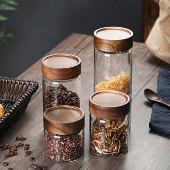 High Borosilicate Glass Acacia Wood Screw Cap Sealed Jar, Kitchen Storage For Grains, Herbs, Honey