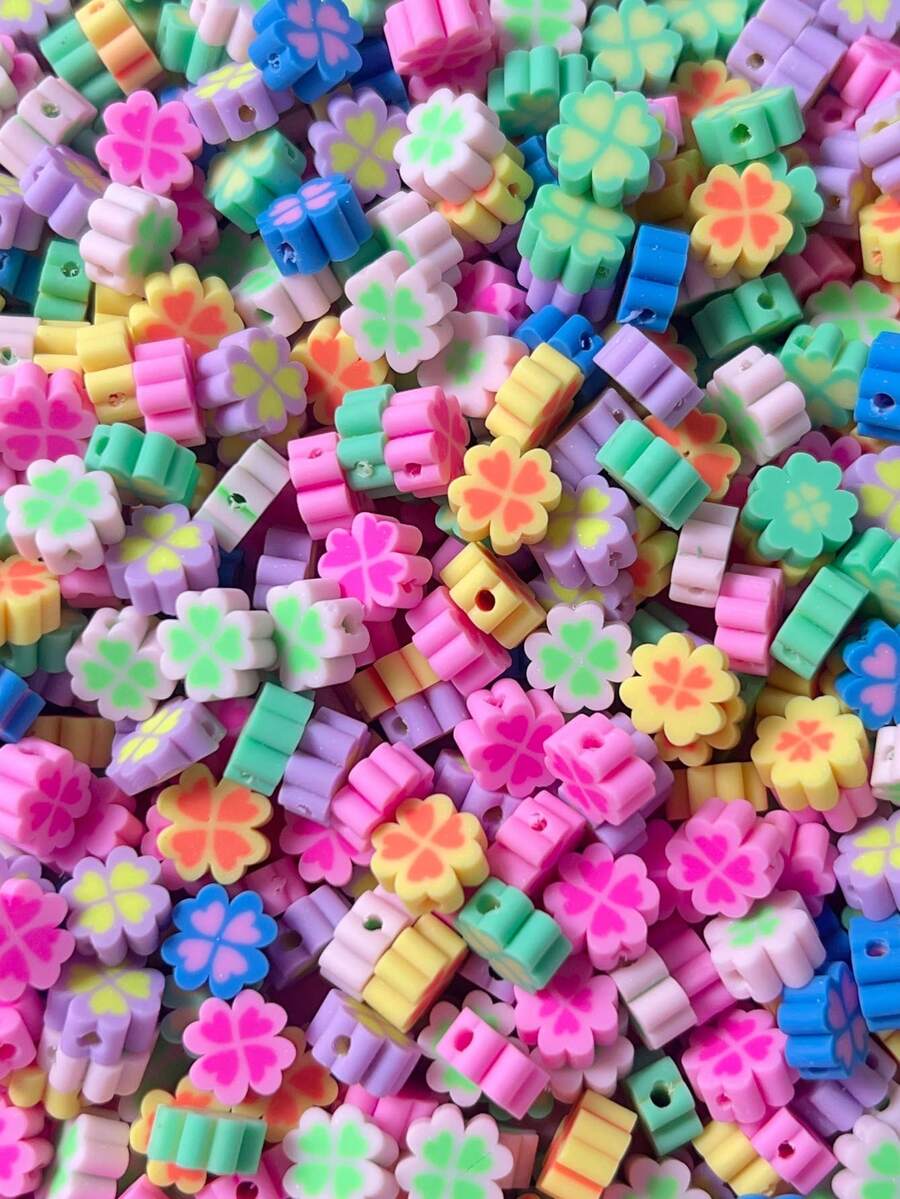 100pcs/Pack Assorted Color Soft Clay 4-Leaf Clover Beads For Bracelet & Necklaces - Multicolor - View 1
