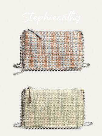 STEPHIECATHY 春季时尚休闲PU皮革方形包女彩色编织印花图案珠饰拉链开合长链斜挎包手机钱包适合日常购物度假海滩