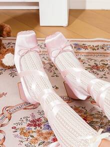 Lolita Ballerina Style Square Toe High Heels With Cross Strap, Mary Jane French Girl Style Satin Bow Solid Color Fashion Y2K PU Leather Outdoor Shoes, All Seasons - Pink - View 6