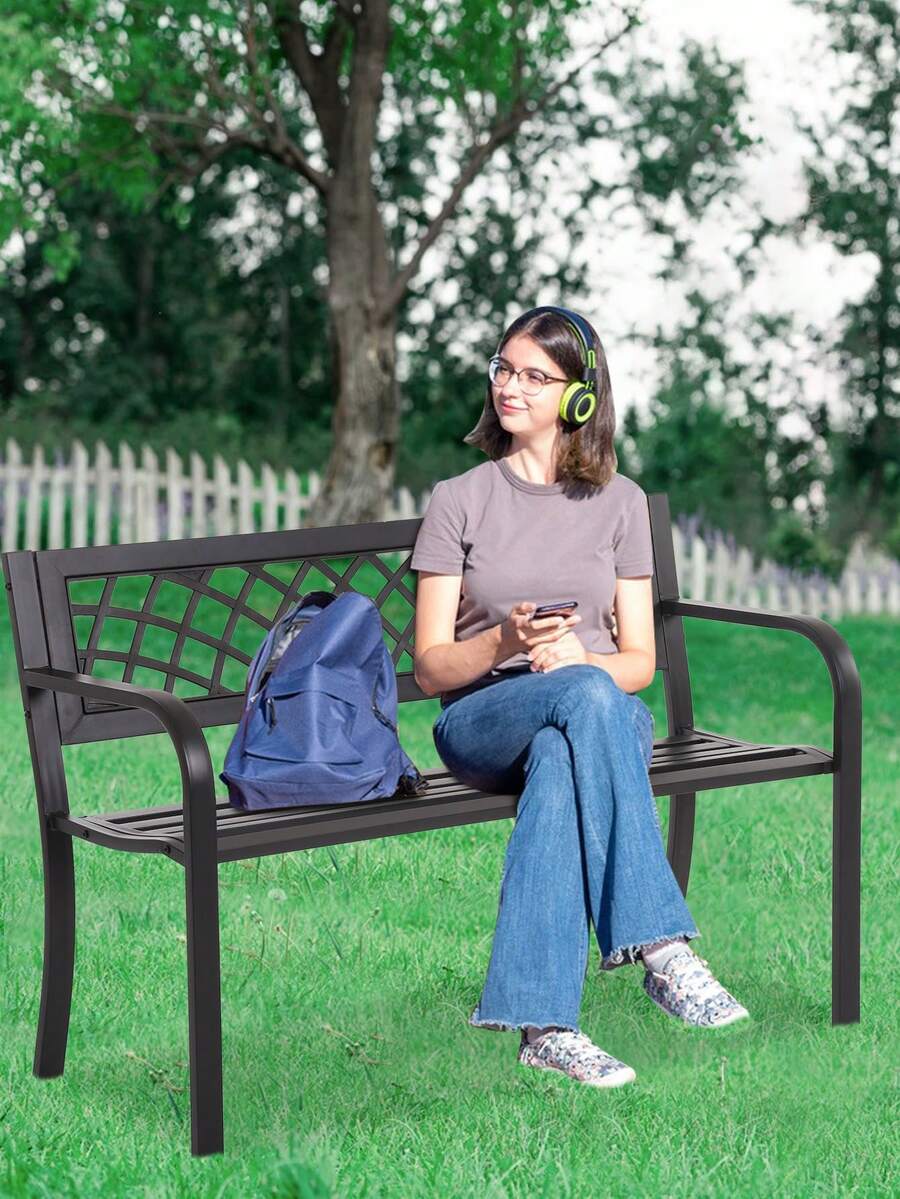 Patio Bench, 4 Feet Rust-Proof Cast Iron Park Bench, Hold 480 Lbs Heavy-Duty Metal Outdoor Furniture Bench Seat, With Plastic Backrest Armrests Sturdy Steel Frame Front Porch Bench For Yard Porch - 黑色 - 查看 1