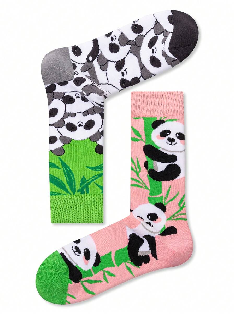 2 Pairs Unisex Panda Pattern Mid-Calf Socks, Fashionable & Personalized, Suitable For All Seasons, Couple Socks - Multicolor - View 1