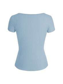 Vaiaye 圣诞女式休闲纽扣罗纹修身长袖毛衣，T 恤适合夏季和秋冬季节，长袖上衣 - 藍色 - 查看 4