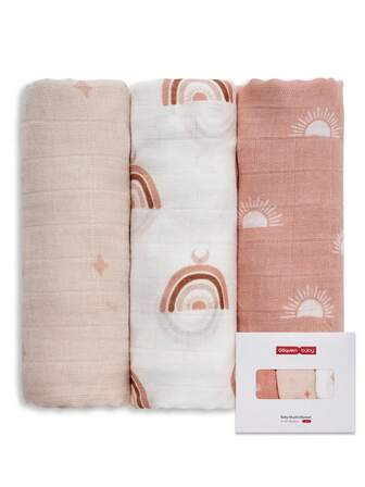 GLLQUEN BABY 婴儿包巾 3 条装，男童纯棉平纹细布襁褓毯女童新生儿方形透气柔软薄婴儿毯布双层吸水婴儿襁褓巾，适用于嘴巴和手部，Oeko-Tex 认证