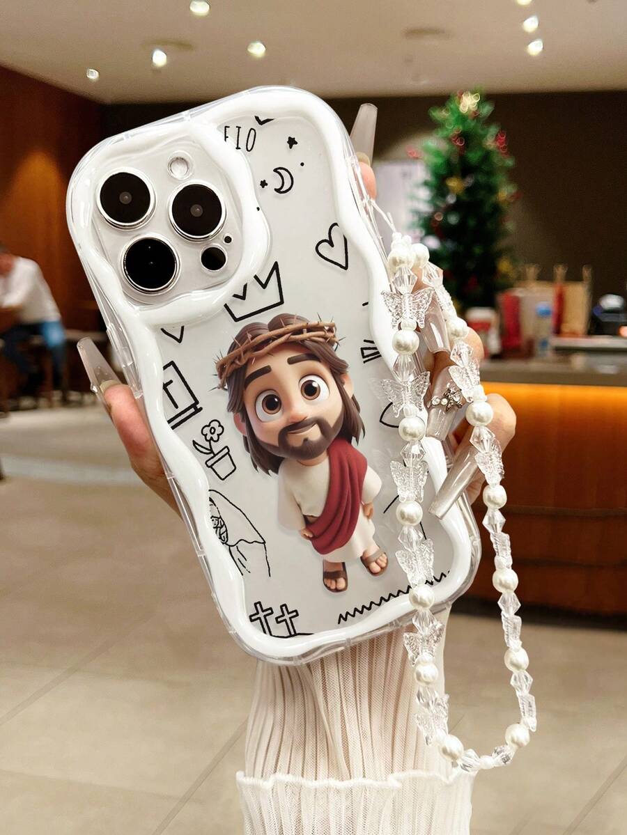 彩绘奶油色波浪边亮面印花耶稣图案保护手机壳，配手工串珠手链，全新防水防震防摔防刮花 - 彩色 - 查看 1