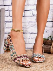 Women's Open Toe Woven Material Ankle Strap Chunky Heel Sandals, Bohemian Retro Style, Resort Retro Style, Sandals, Elegant Casual Versatile Multi-Color Woven Material Women's High Heel Sandals, Comfortable And Lightweight Summer Vacation Shoes (Asymmetrical Retro Print) - Multicolor - View 4