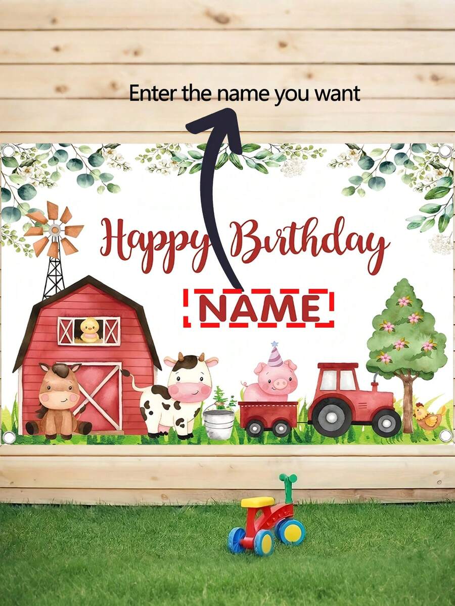1pc Customizable Farm Themed Birthday Party Banner With Barn Animals And Tractor Designs, Personalized Happy Birthday Sign Decoration