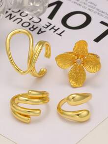 Elegant Exaggerated Vintage Curved Water Drop Flower Stainless Steel Ring Set For Women, Suitable For Daily Wear, Multi-Finger Stacking And Couples Gift - Yellow Gold - View 3