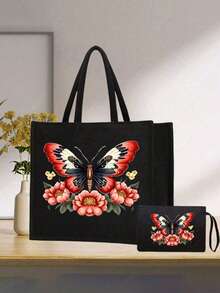 2 Pieces Pink Butterfly Print Tote Bag Set, Jute With Stylish Pattern, Including Handy Coin Purse, Perfect For Shopping, Travel & Beach Adventures,Multifunctional Women's Bag, Suitable For Daily, Travel, Shopping, Work, Gift Giving - Black - View 2