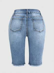 Embroidered Mid-Length Shorts, Floral & Leaf Print, Denim Fabric, Pocket Design, Raw Hem, Button Closure, Spring/Summer