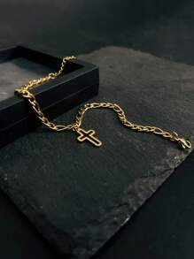 1pc Minimalist Hollow Cross Pendant Stainless Steel Chain Bracelet, Gift For Men Daily Wear