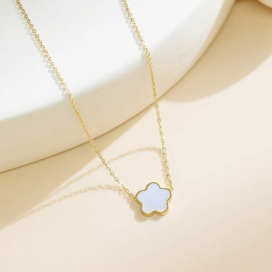 1pc Luxury Flower Pendant Necklace, Natural Shell & Clover Charm, Suitable For Daily Wear - White - View 1