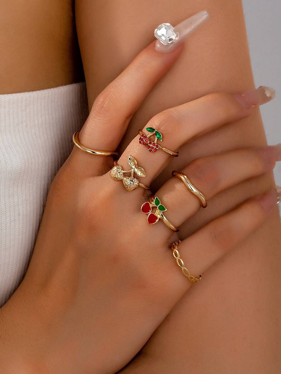 6pcs/Set Cherry Shaped Rings, Women's Spring/Summer Fruit Rings Jewelry Set - Multicolor - View 1