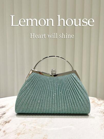 1pc Mint Green Sparkle Ruffle Elegant Evening Bag With Rhinestone Decor, Fashion Clutch For Wedding, Banquet, Party, Ladies Ideal Gift