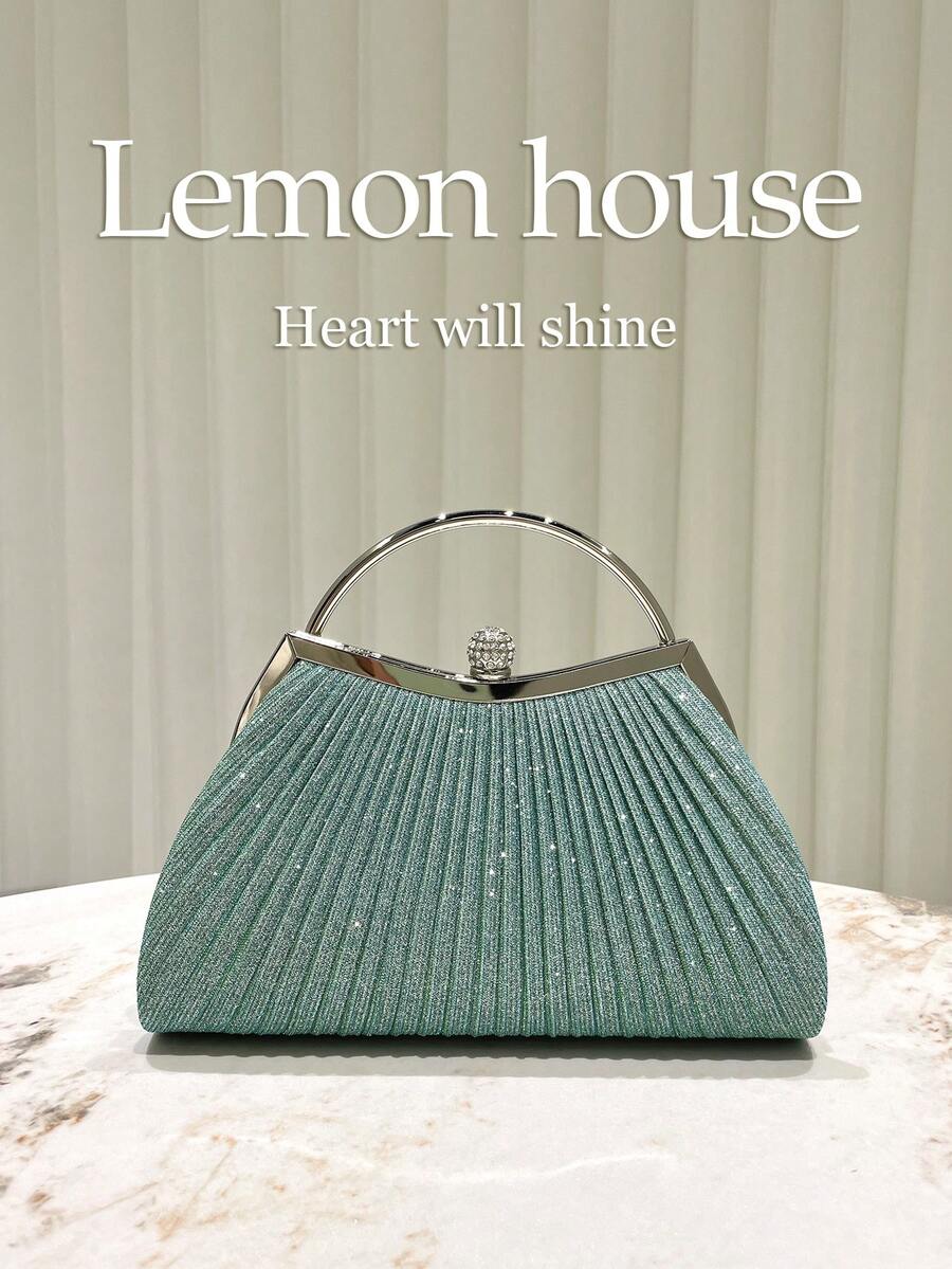 1pc Mint Green Sparkle Ruffle Elegant Evening Bag With Rhinestone Decor, Fashion Clutch For Wedding, Banquet, Party, Ladies Ideal Gift - Mint Green - View 1