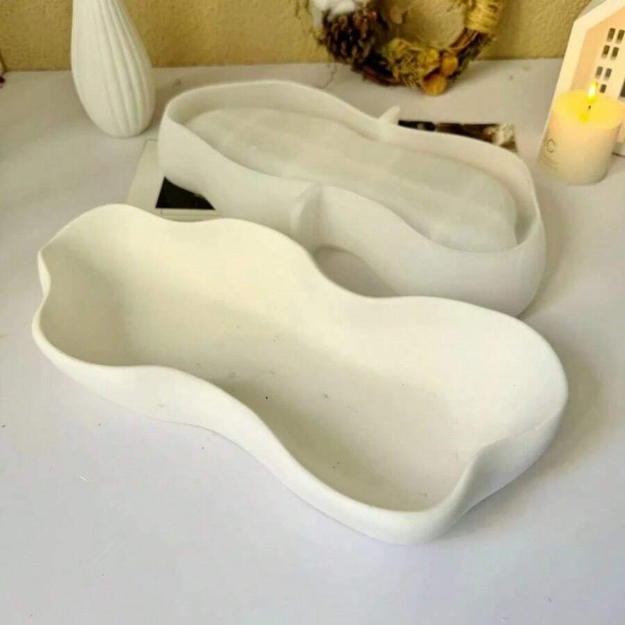 不对称流动烛台硅胶模具DIY水泥石胶不对称蜡烛船储物托盘 - 白色 - 查看 1