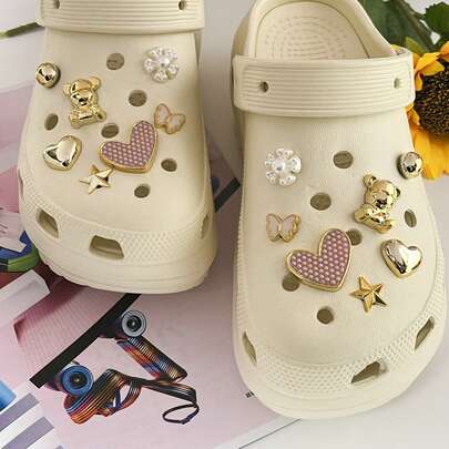 14pcs DIY Shoe Charms Decoration, Butterfly, Bear, Flower, Heart Shaped Metal-Like Accessories, Waterproof, Suitable For EVA Beach Sandals, Slippers, Garden Shoes, Removable Shoe Decor, Holiday Gift