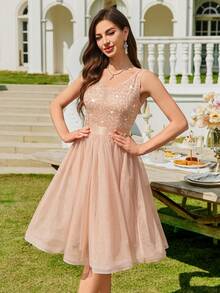 MIUSOL Deep V-Neck Sequin Lace Contrast Color Mesh Ruffle Hem Cocktail Dress, Summer Women's Apparel, Shiny Formal Dress, Suitable For Birthday Party, Graduation Ceremony, Gala Dinner And Other Occasions - Champagne - View 5