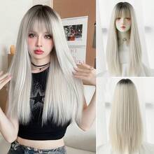 7JHH WIGS Tóc giả dài thẳng màu xám ombre tuyệt đẹp 24 inch cho phụ nữ, tóc giả tổng hợp mềm mại có mái, tóc chân tóc sẫm màu, phụ kiện tóc giả bằng sợi tổng hợp mềm mại tự nhiên chịu nhiệt, tóc giả đẹp hoàn toàn bằng máy cho bé gái, trang phục dự tiệc lễ hội âm nhạc, trang phục hóa trang Halloween, hoạt hình hoặc trang phục - Nhiều màu - Xem 13