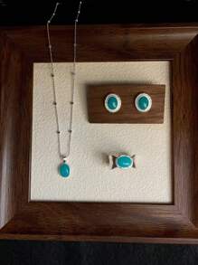Juego de joyería de 3 piezas de Amazonita natural: collar, aretes y anillo de plata esterlina 925, estilo coreano minimalista, versátil para uso diario