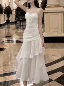 Pearlescent Slim Wait Graduation Party Dress Women Spaghetti Straps Ruffles Wedding Bridesmaid Dresses Festival Formal Dress For Cocktail