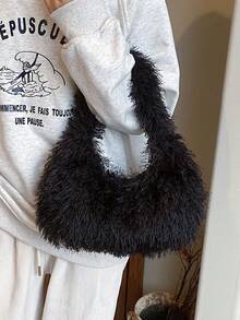 Bolso de hombro de tela lisa larga y corta de peluche de moda - Negro - Ver 3