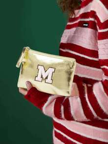 Golden Shimmering Pu Makeup Bag, Embroidered With Towel Initials A-Z, Large Capacity Makeup Bag, Stylish And Simple Coin Wallet, Elegant Ladies' Shiny Handbag, Mini Fashionable Pu Coin Wallet, Simple Solid Color Shiny Storage Bag - Gold - View 4