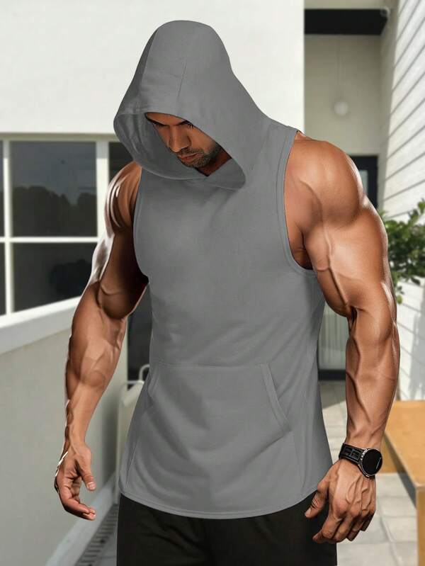 Men's Solid Color Hooded Vest, Suitable For Gym, Outdoor Casual, Running, Swimming, Cycling