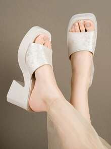 High Heel Sandalen einfarbig Mode PU Leder Blumenprint Slide Sandalen, geeignet für Partys in jeder Jahreszeit