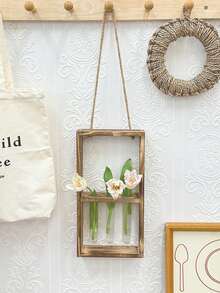Various Styles Wall-Mounted Test Tube Hydroponics Plant Vase Wooden Hanging Rope Flower Rack Wall Decor Container - Wood Color - View 6