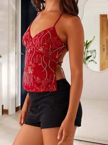 Women Y2K Sequin Cami Top V Neck Open Back Criss Cross Straps Tank Cute Sparkle Backless Low Cut Tops Going Out Streetwear - 紅色 - 查看 4