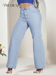 Women's Wide Leg Jeans, High-Rise, 100% Premium Cotton, Wide Leg, Marbled Blogger - 淺色水洗藍 - 查看 8