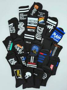 5pairs/set Random Men's Black Letter, Stripe, Dinosaur & Robot Patterned Mid-calf Socks For Skateboarding, Autumn & Winter