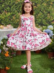 Seven Princess Nouvelle robe d'été décontractée et confortable pour jeunes filles, avec motif floral Ditsy, bretelles spaghetti et taille à cordon. Robe de plage fleurie Ditsy pour les vacances
