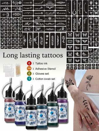 Set de plantilla y tinte para tatuajes temporales (plantilla de tatuaje + tinta de lavado) con múltiples diseños, adecuado para hombres y mujeres, para tatuajes temporales en dedos, muñeca, hombro, cuello, clavícula y Body, set de plantillas impermeables para tatuajes falsos
