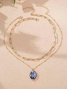 2pcs Blue & White Porcelain Tulip Pendant Necklace Set, Handmade With Random Patterns & Colors, Women Layered Necklaces - Multicolor - View 2