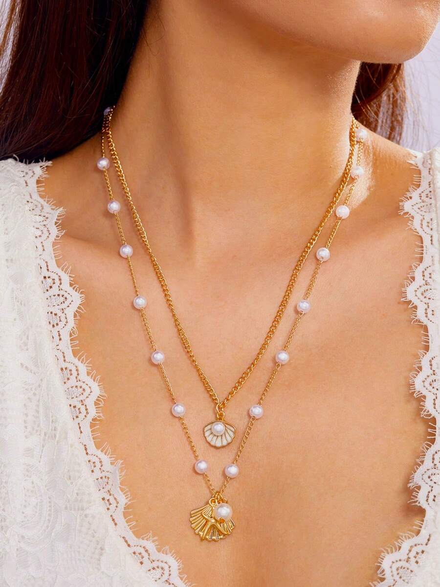 2 件优质西方魅力波西米亚风格海洋主题贝壳和海星仿珍珠串珠首饰项链套装，适合女士、时尚项链、夏季、海滩、度假、派对、约会、聚会、照片 - 金色 - 查看 1